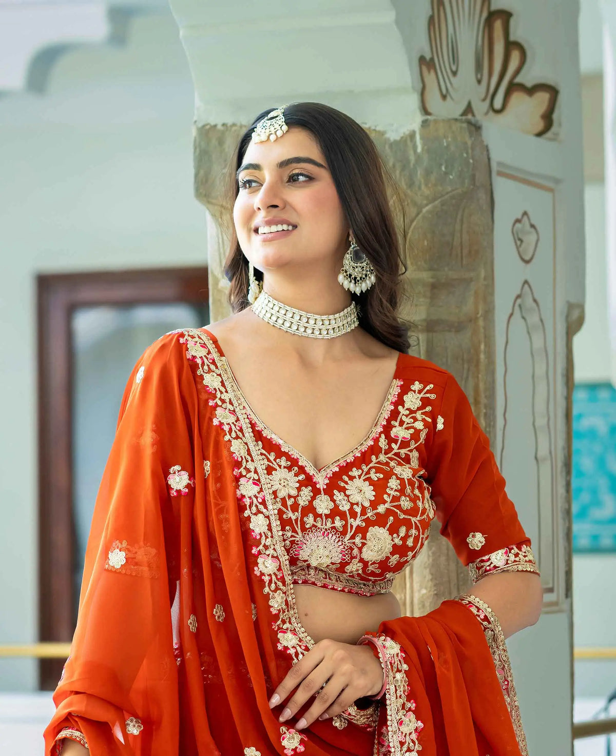 Rust Embroidered Georgette Lehenga Choli