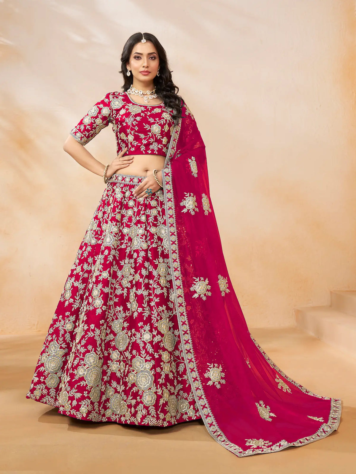 Red Art Silk Lehenga Choli With Thread & Sequence Embroidery Work