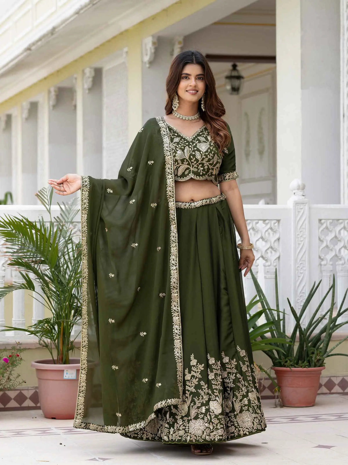 Mehndi Embroidered Silk Lehenga Choli
