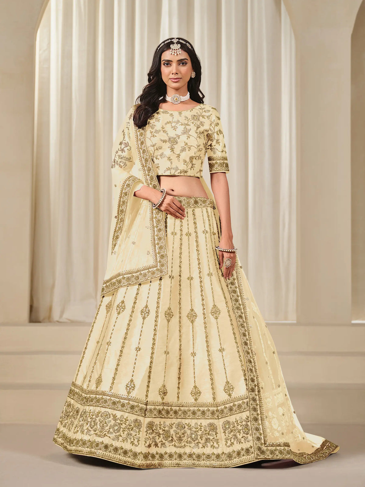 Beige Art Silk Thread & Sequins Embroidery Lehenga Choli