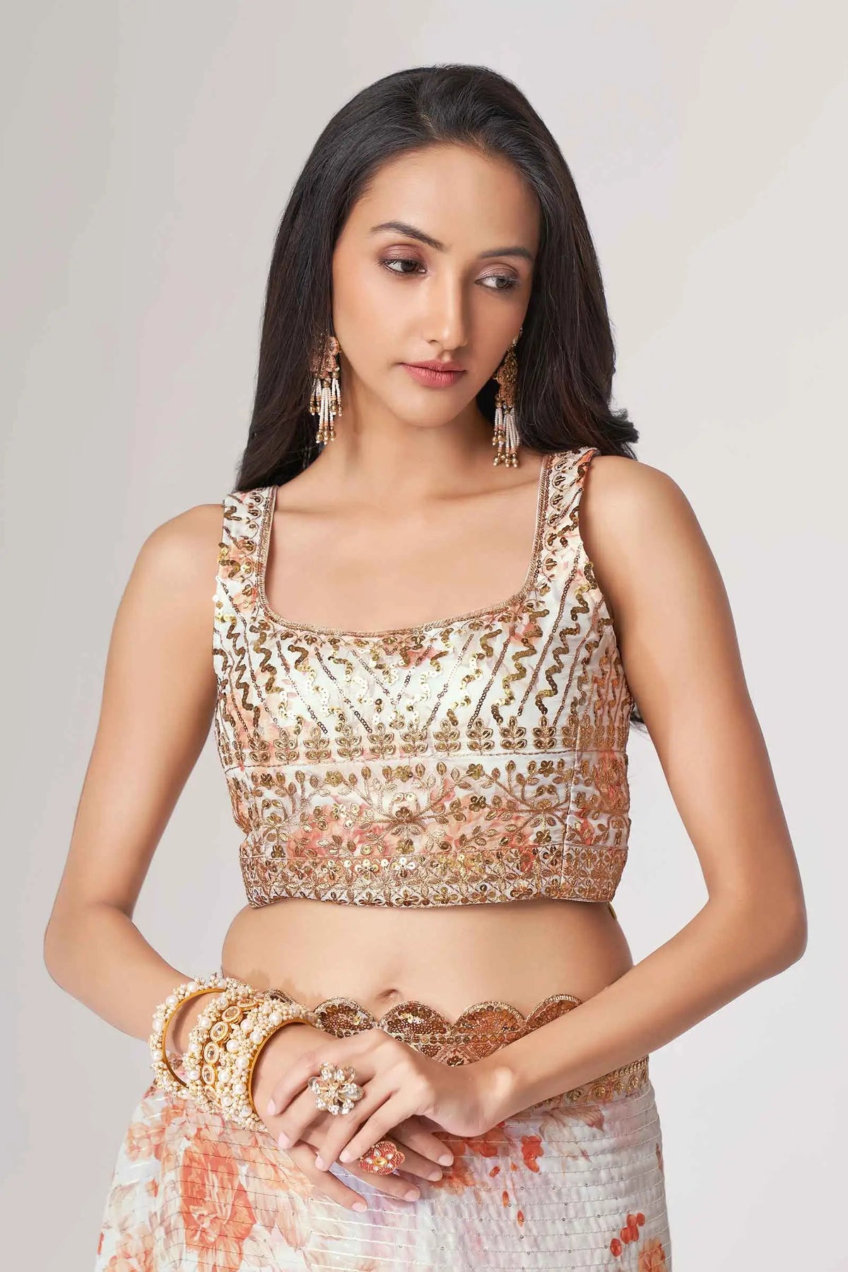 White Floral Print Organza Saree With Sequins Work