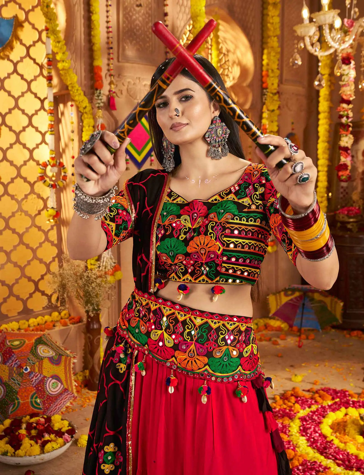 Black Embroidery With Mirror Work Colorful Navratri Lehenga With Waist Belt