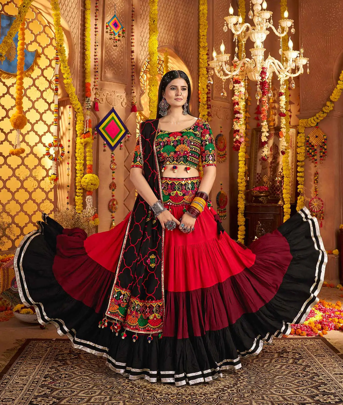 Black Embroidery With Mirror Work Colorful Navratri Lehenga With Waist Belt
