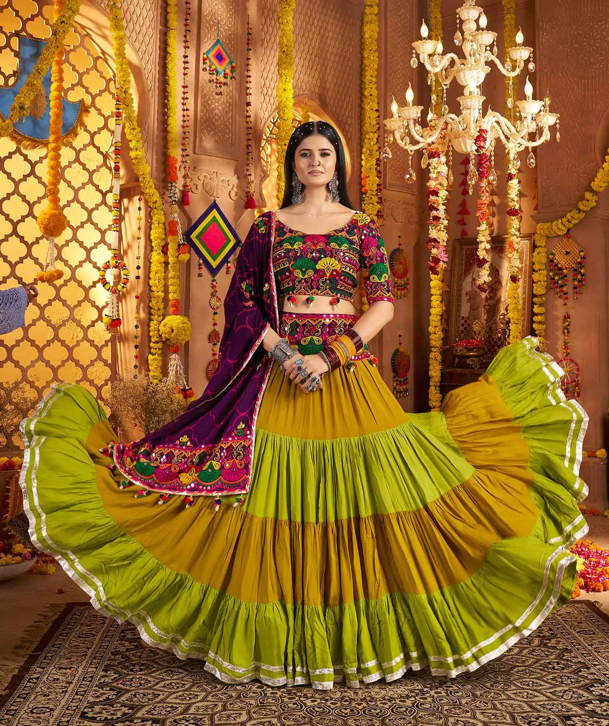 Dark Purple Embroidery & Mirror Work Colorful Navratri Lehenga With Waist Belt