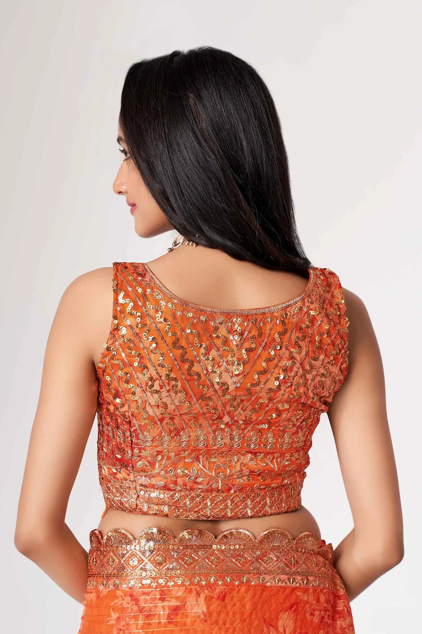 Orange Floral Print Organza Saree With Sequins Work
