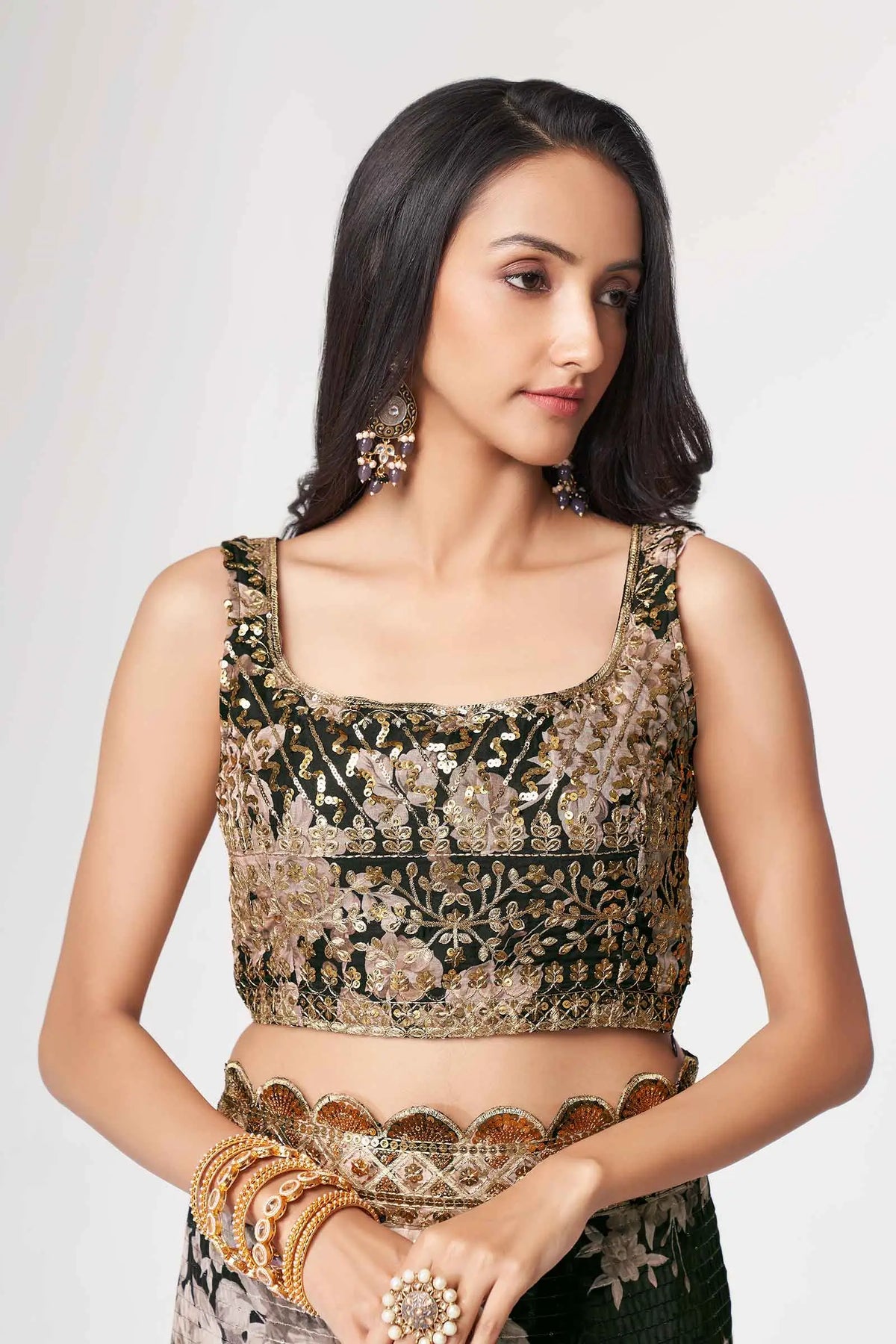 Black Floral Print Organza Saree With Sequins Work