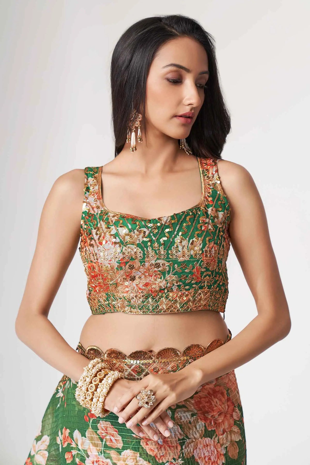 Green Floral Print Organza Saree With Sequins Work
