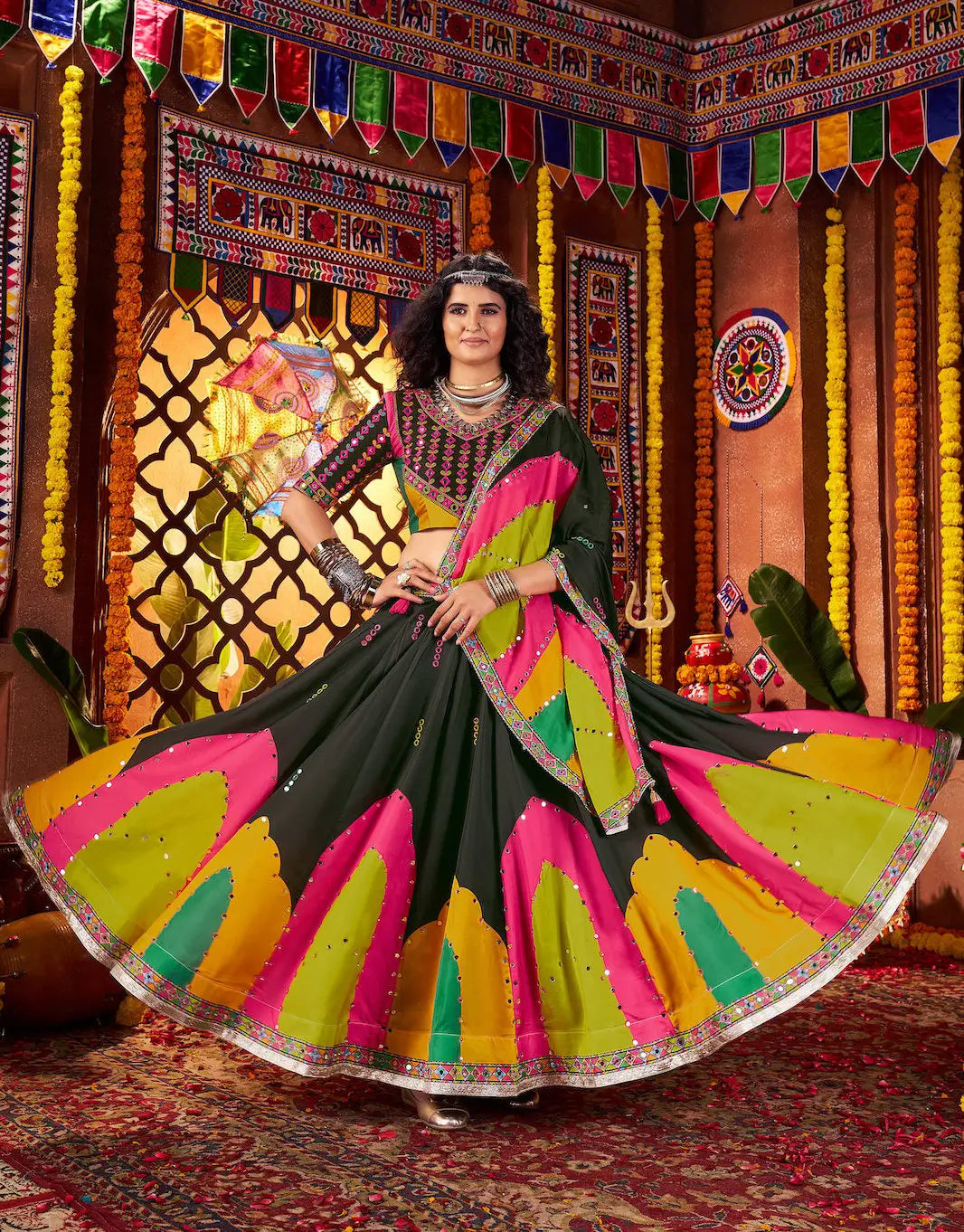 Black Navratri Lehenga Choli With Print & Mirror Work