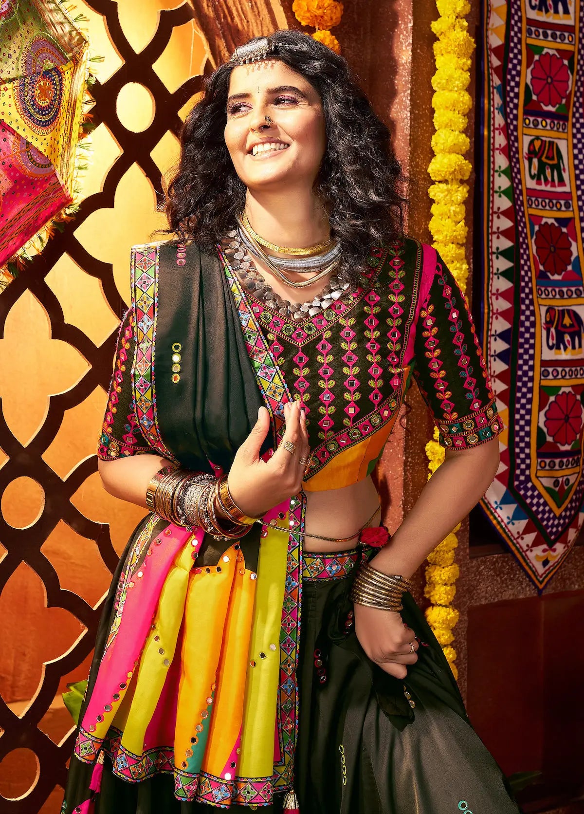 Black Navratri Lehenga Choli With Print & Mirror Work