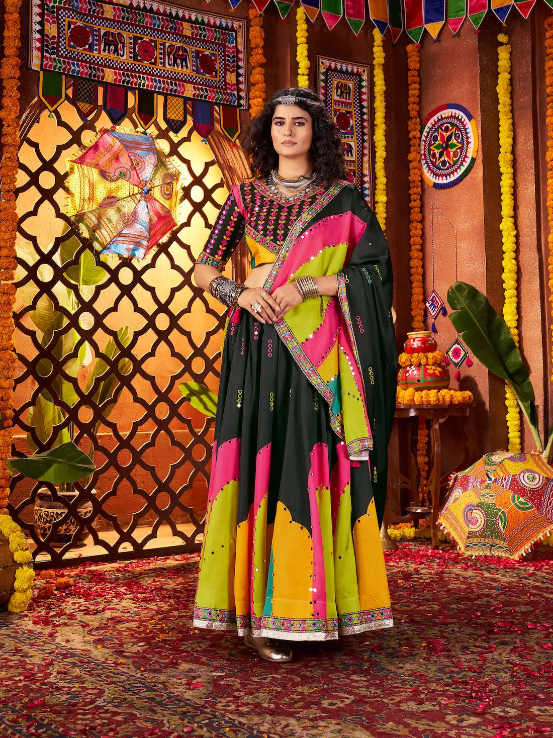 Black Navratri Lehenga Choli With Print & Mirror Work