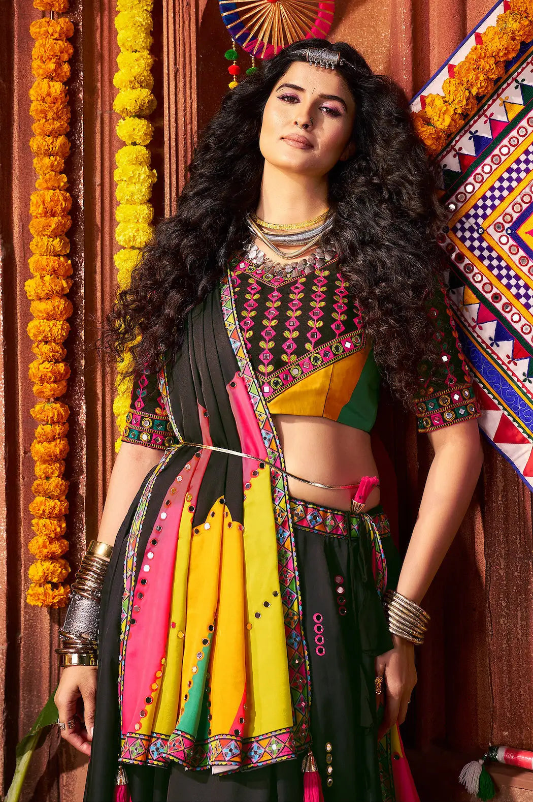 Black Navratri Lehenga Choli With Print & Mirror Work