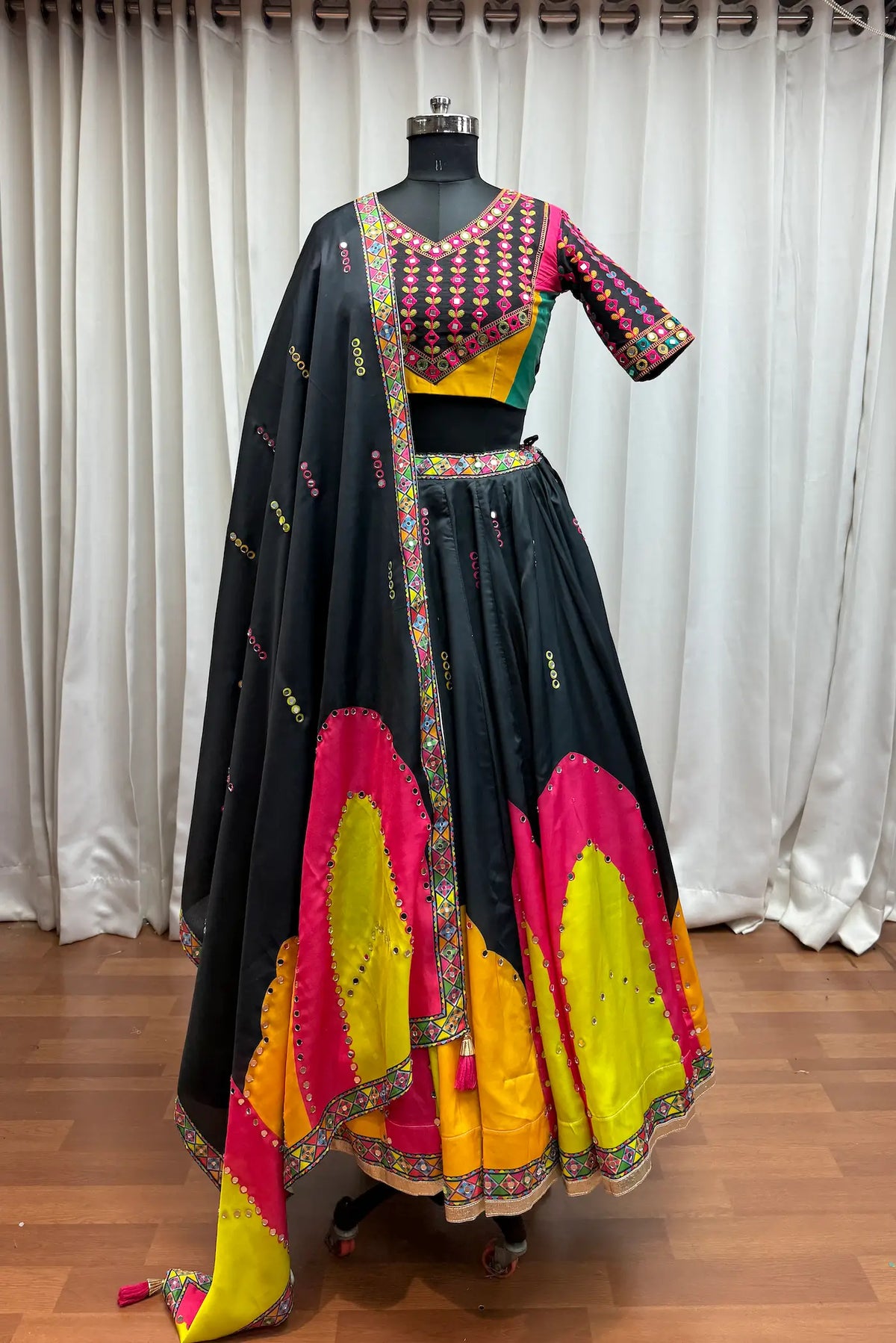 Black Navratri Lehenga Choli With Print & Mirror Work