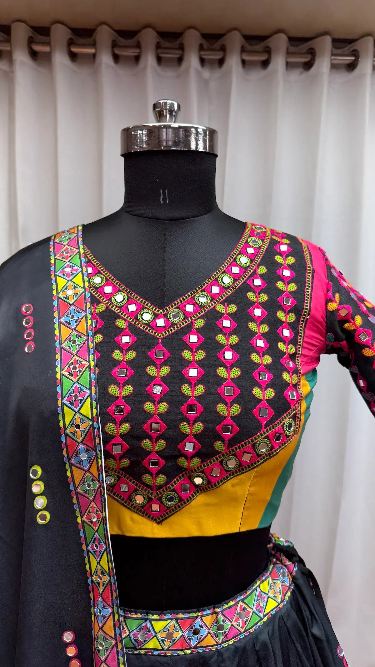 Black Navratri Lehenga Choli With Print & Mirror Work