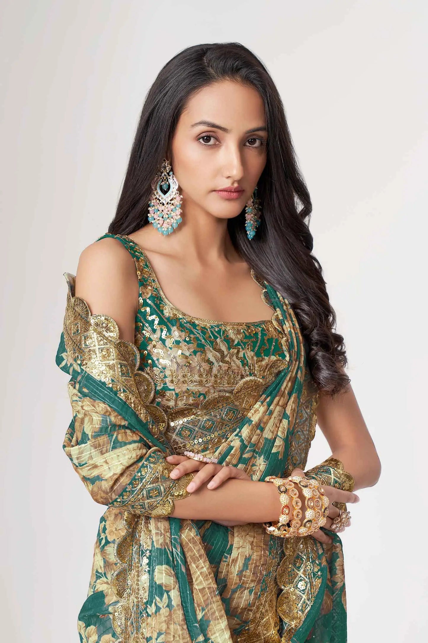Teal Blue Floral Print Organza Saree With Sequins Work