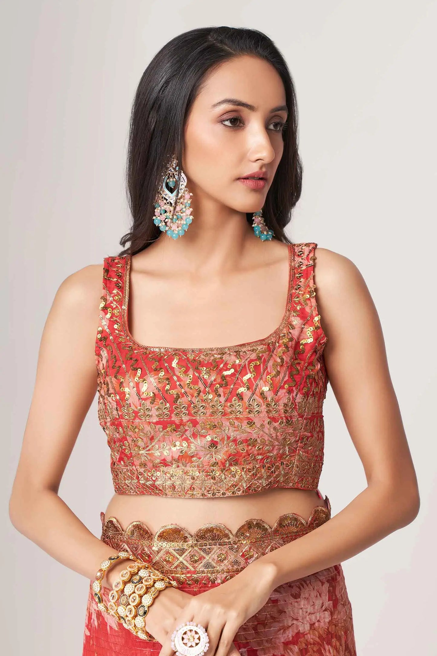 Red Floral Print Organza Saree With Sequins Work