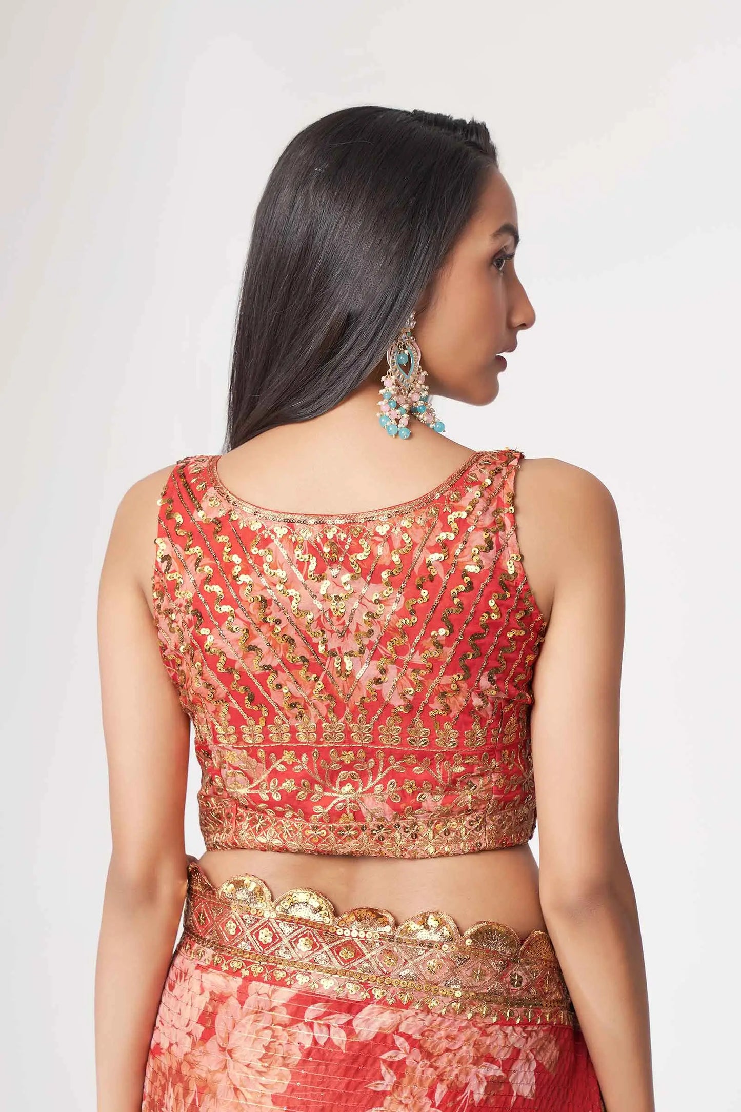 Red Floral Print Organza Saree With Sequins Work