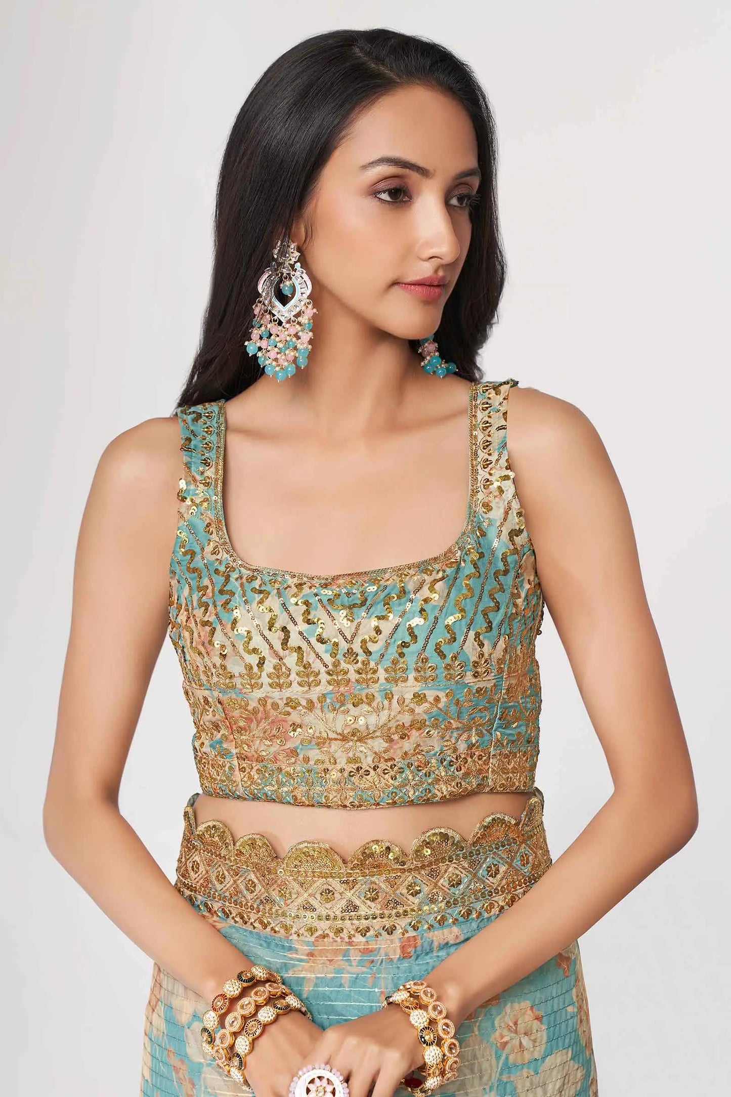 Sky Blue Floral Print Organza Saree With Sequins Work
