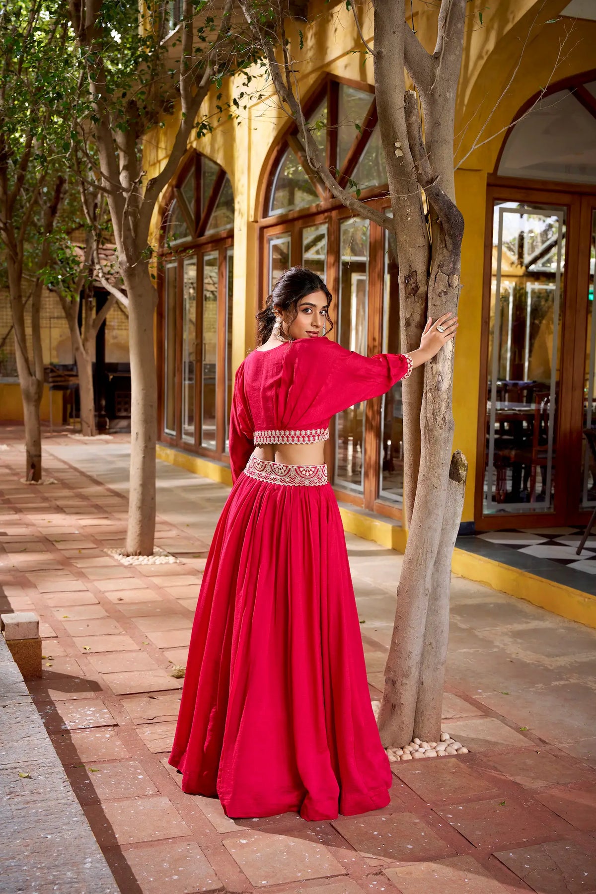 Hot Pink Vichitra Silk Embroidery Crop Top Lehenga