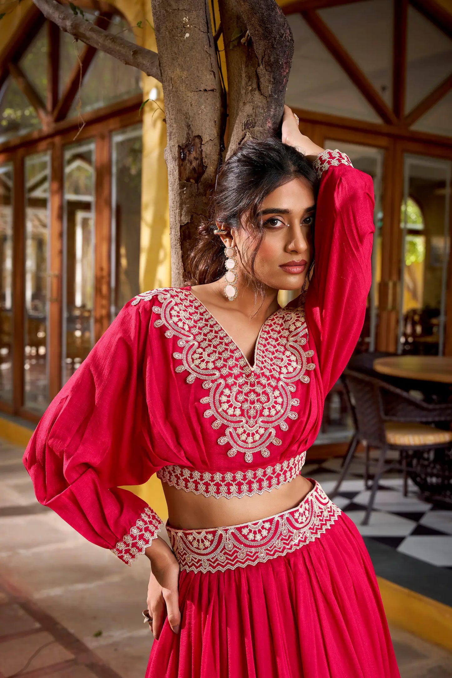 Hot Pink Vichitra Silk Embroidery Crop Top Lehenga