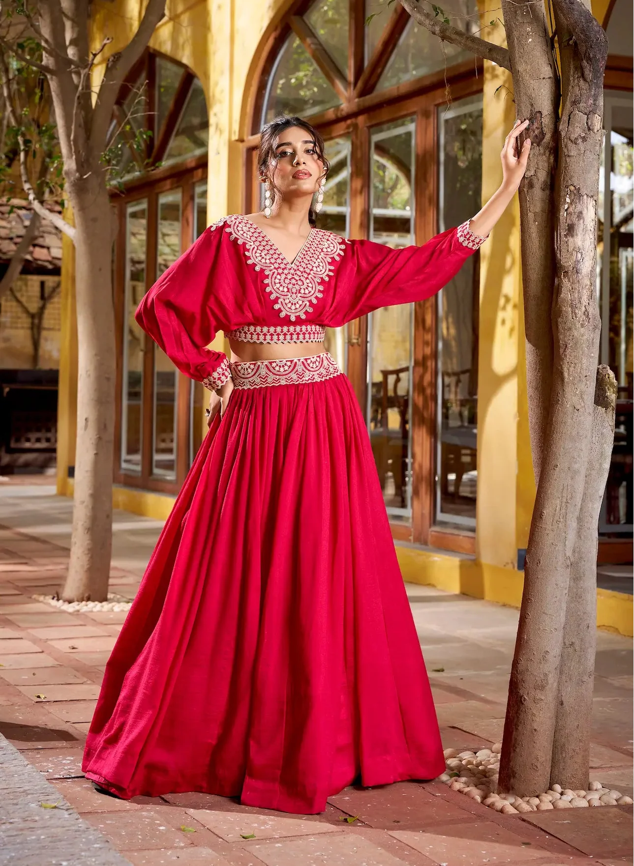 Hot Pink Vichitra Silk Embroidery Crop Top Lehenga