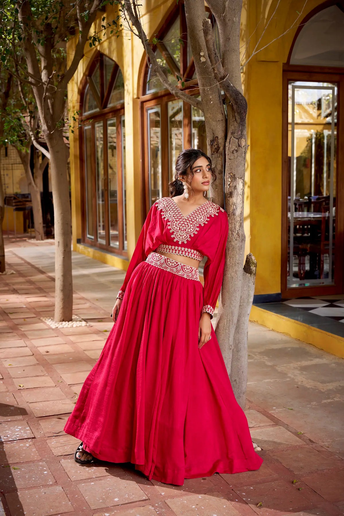 Hot Pink Vichitra Silk Embroidery Crop Top Lehenga