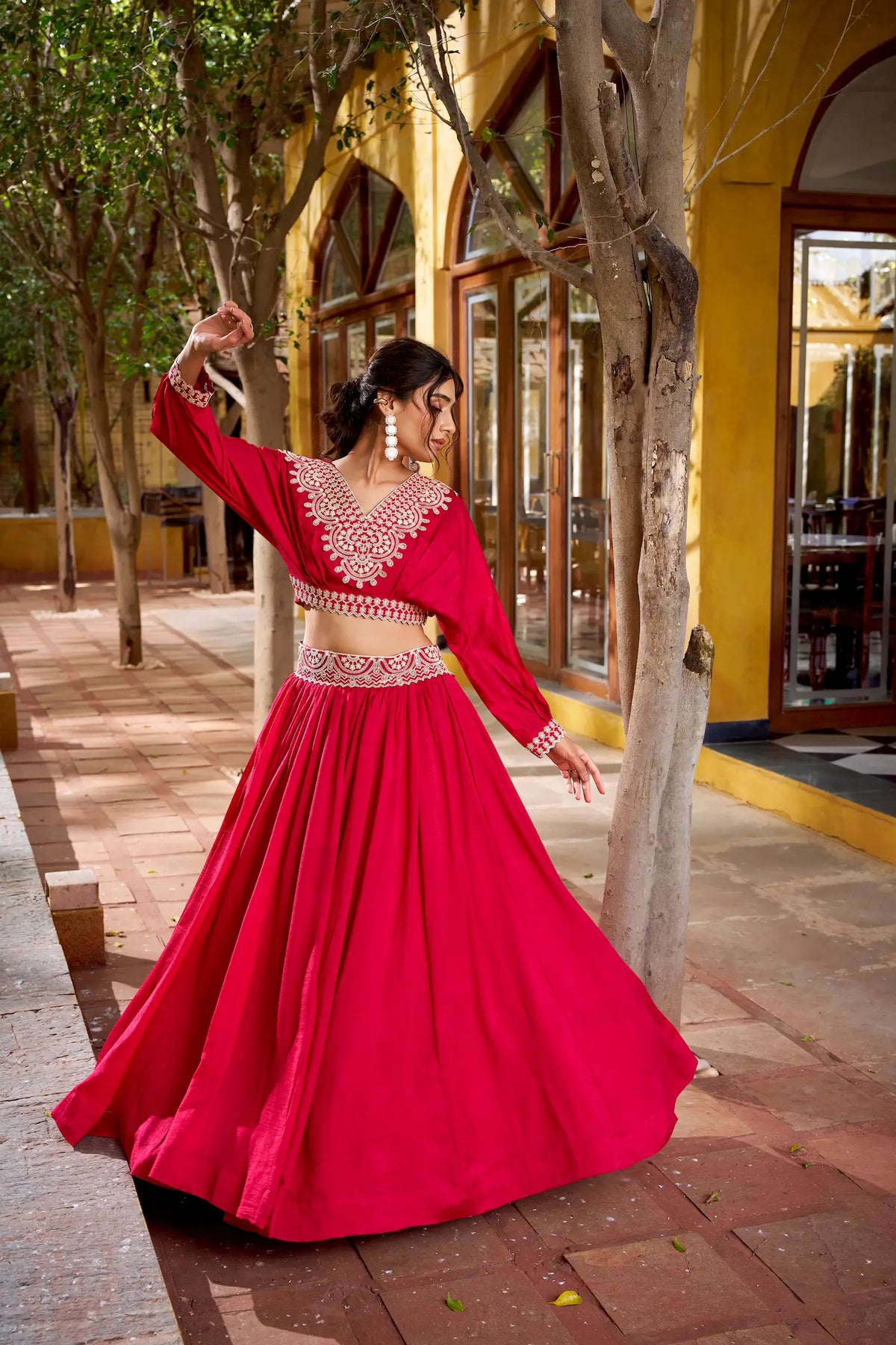 Hot Pink Vichitra Silk Embroidery Crop Top Lehenga