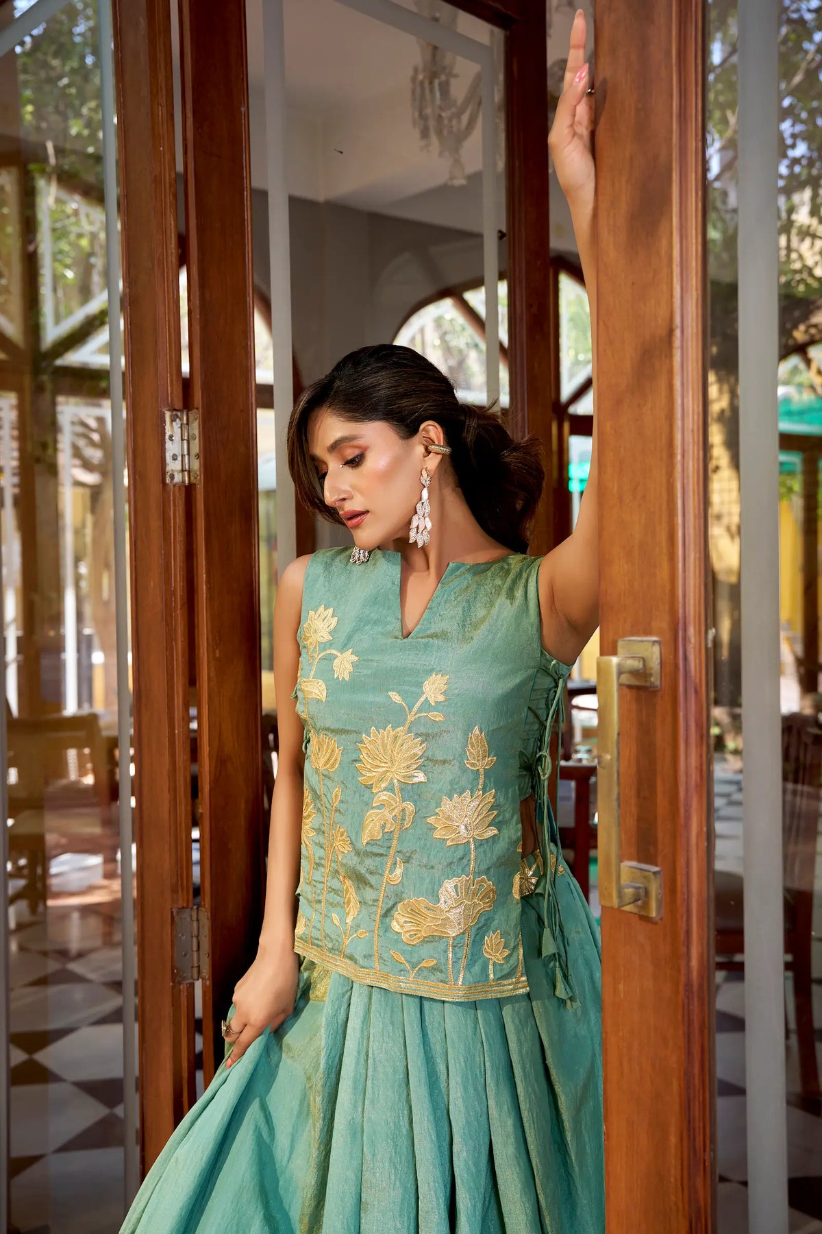 Sea Blue Embroidered Indo Western Set