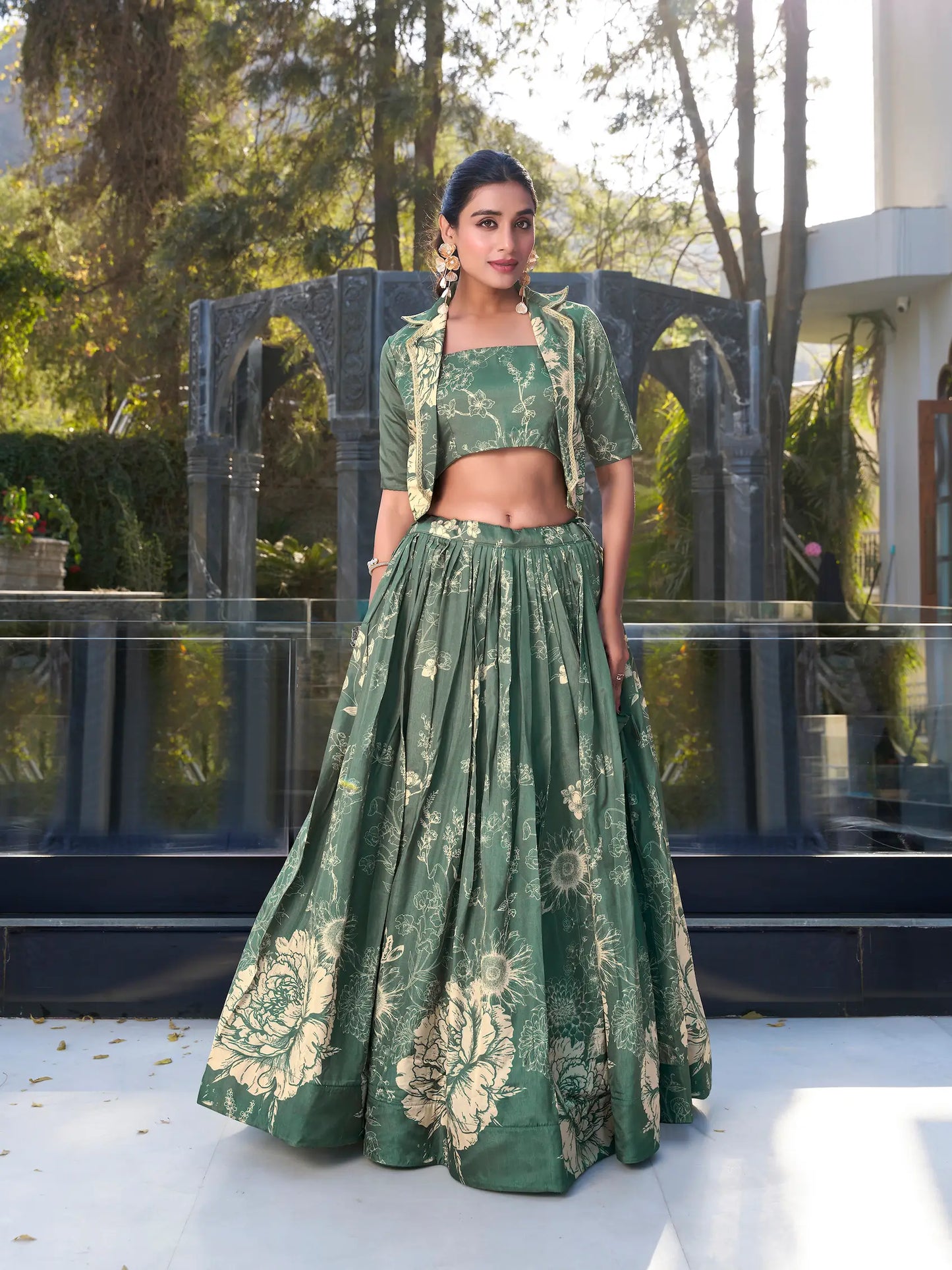 Dusty Green Tussar Silk Floral Printed Indo Western Set