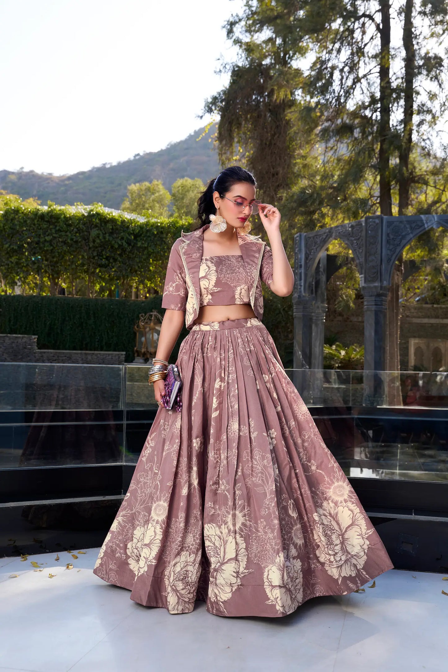 Onion Pink Tussar Silk Floral Printed Indo Western Set