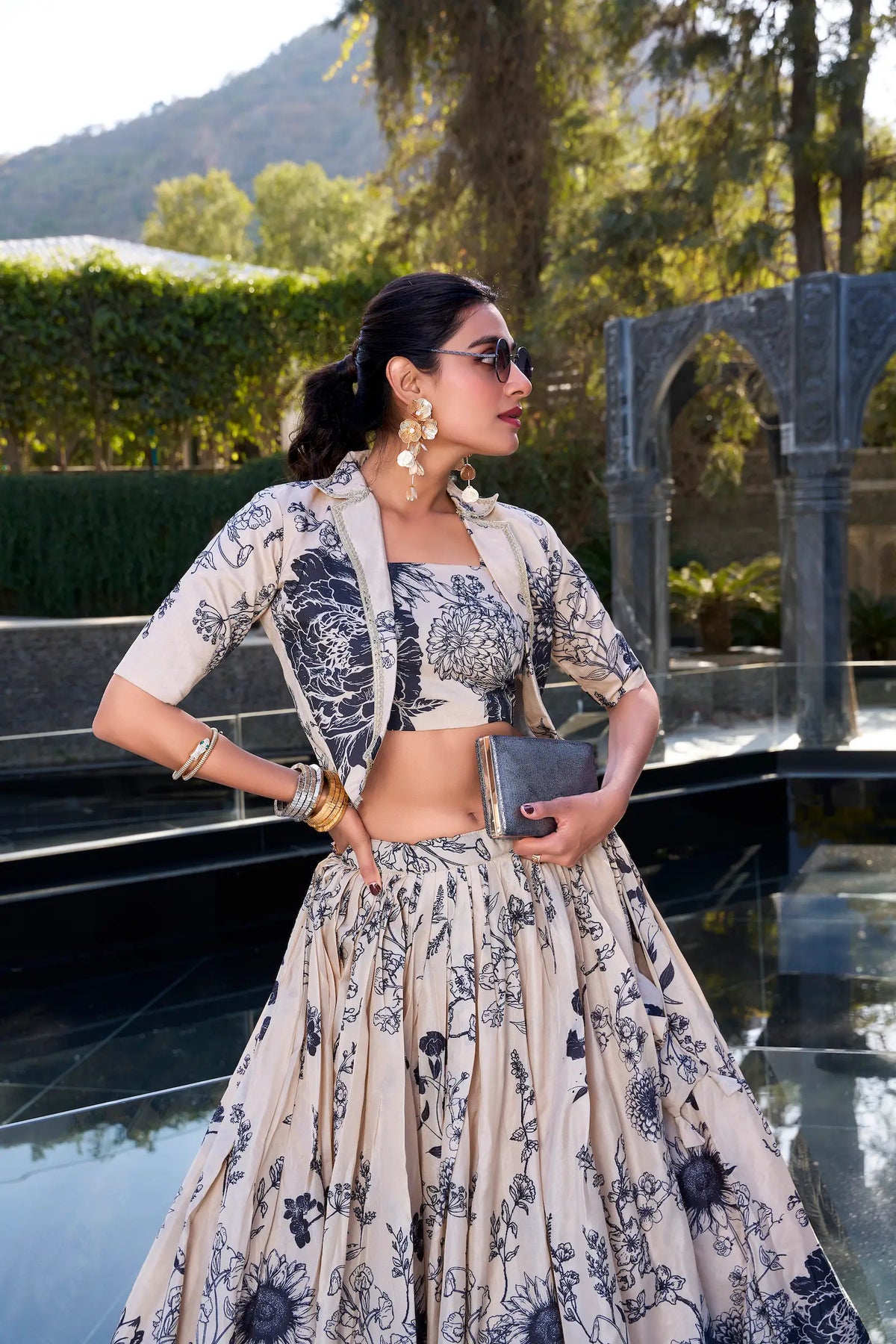 Beige Tussar Silk Floral Printed Indo Western Set