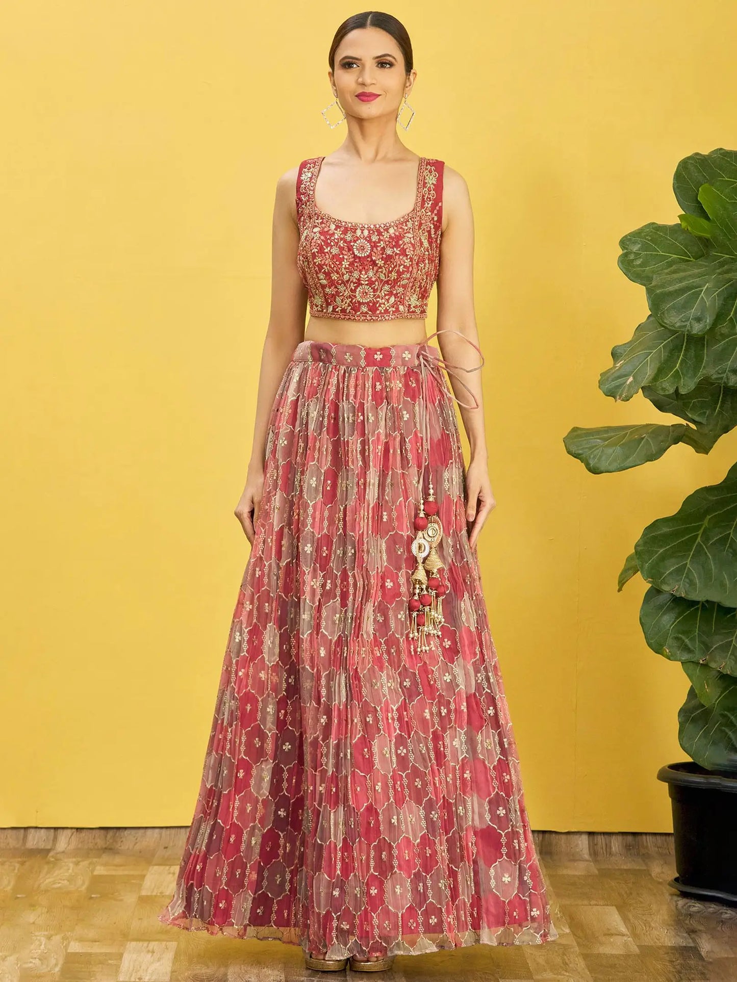 Red Brown Embroidered Choli & Printed Lehenga With Net Dupatta