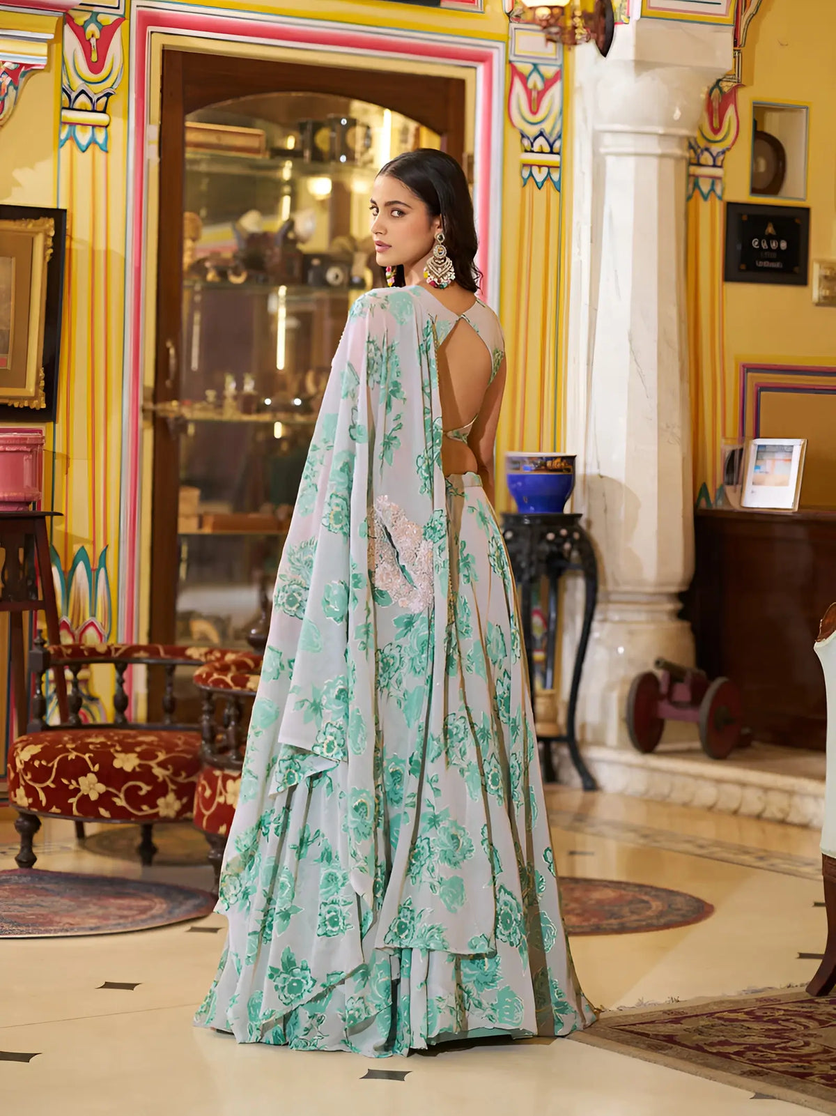 Pastel Green Beads Work Indo-Westerm