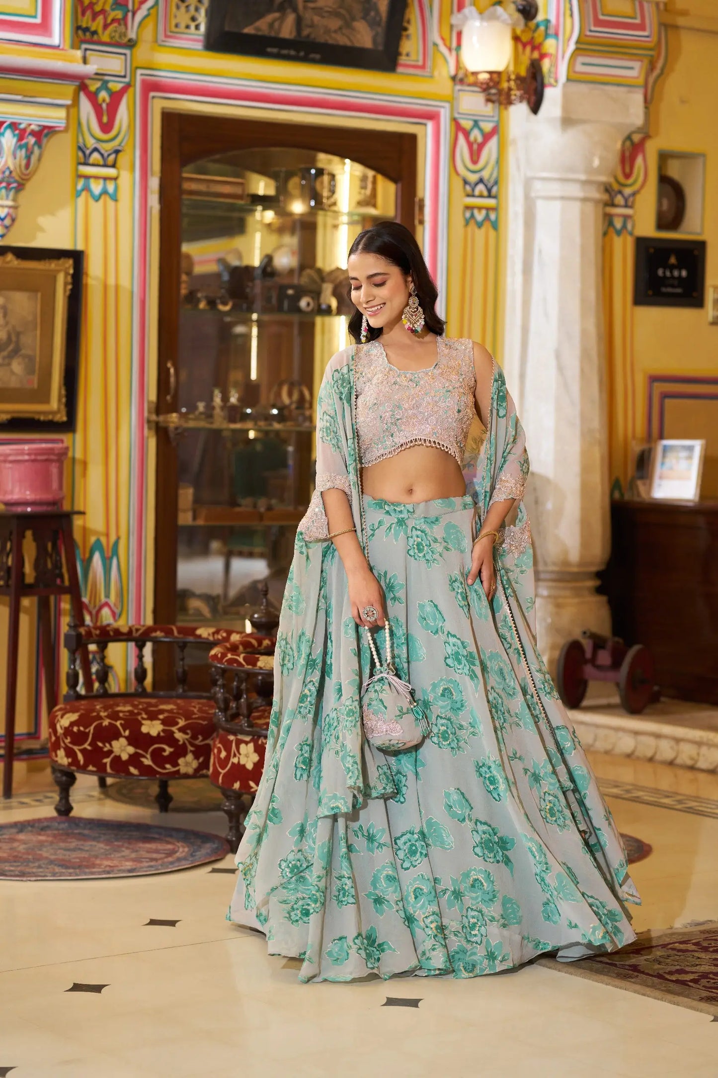 Pastel Green Beads Work Indo-Westerm