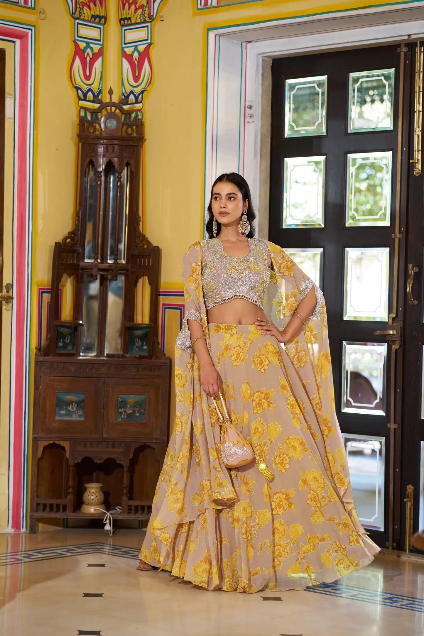 Pastel Yellow Beads Work Indo-Westerm