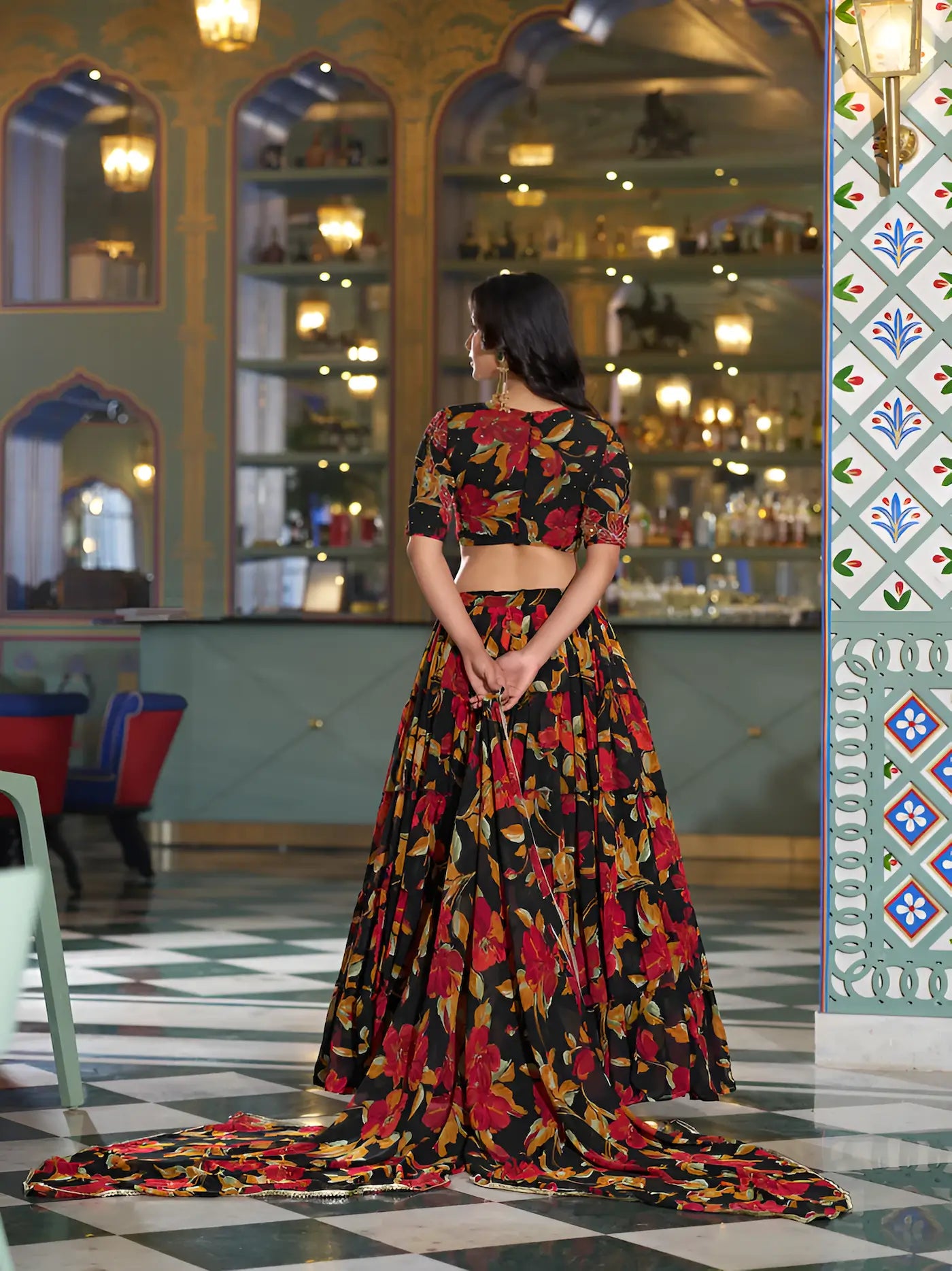 Smoky Black Floral Printed Lehenga Choli