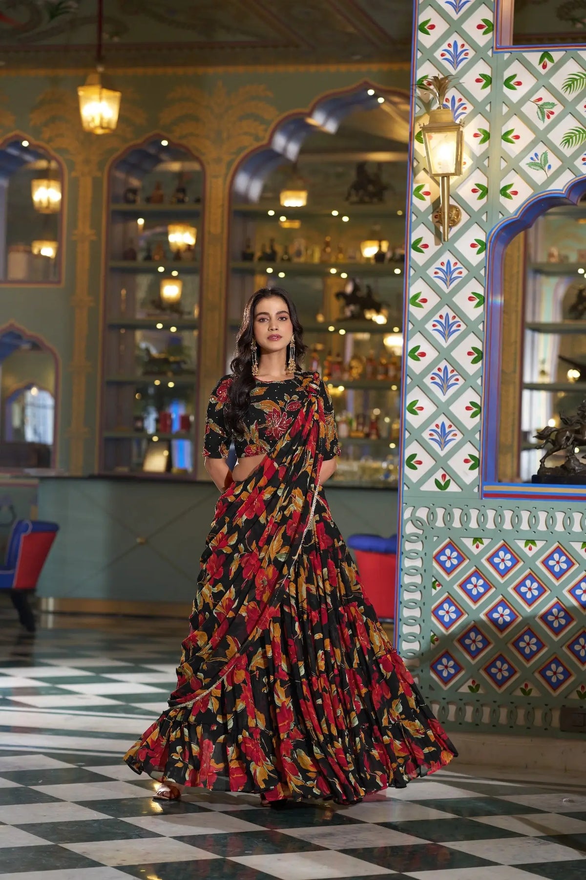 Smoky Black Floral Printed Lehenga Choli