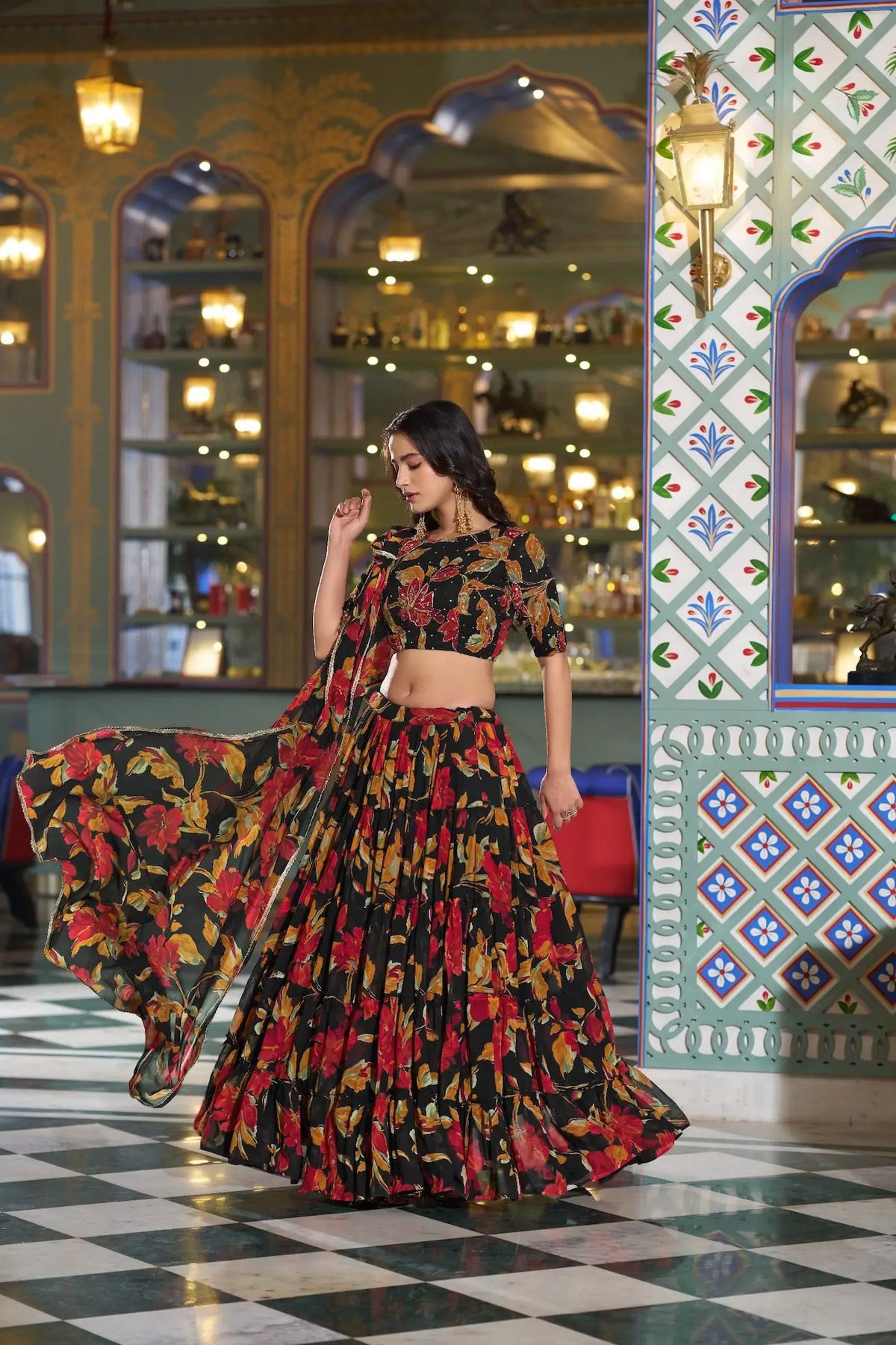 Smoky Black Floral Printed Lehenga Choli