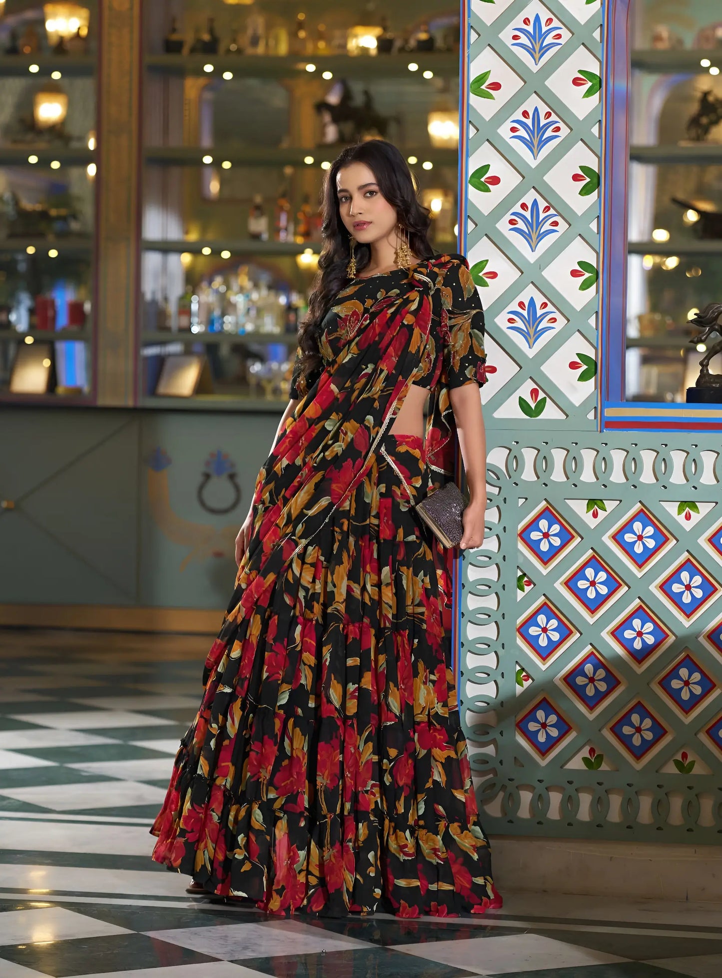 Smoky Black Floral Printed Lehenga Choli