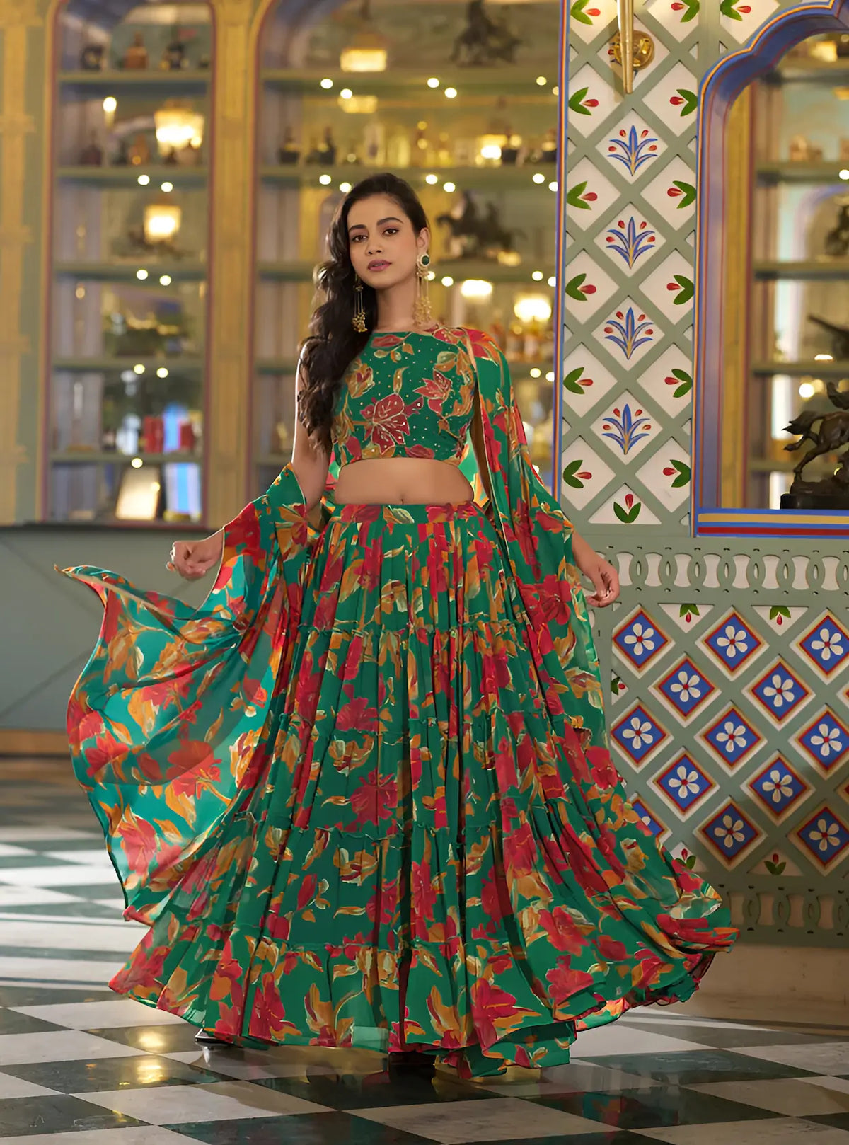Spring Green Floral Printed Lehenga Choli
