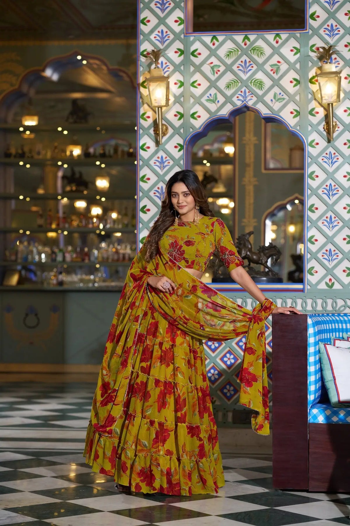 Olive Yellow Floral Printed Lehenga Choli