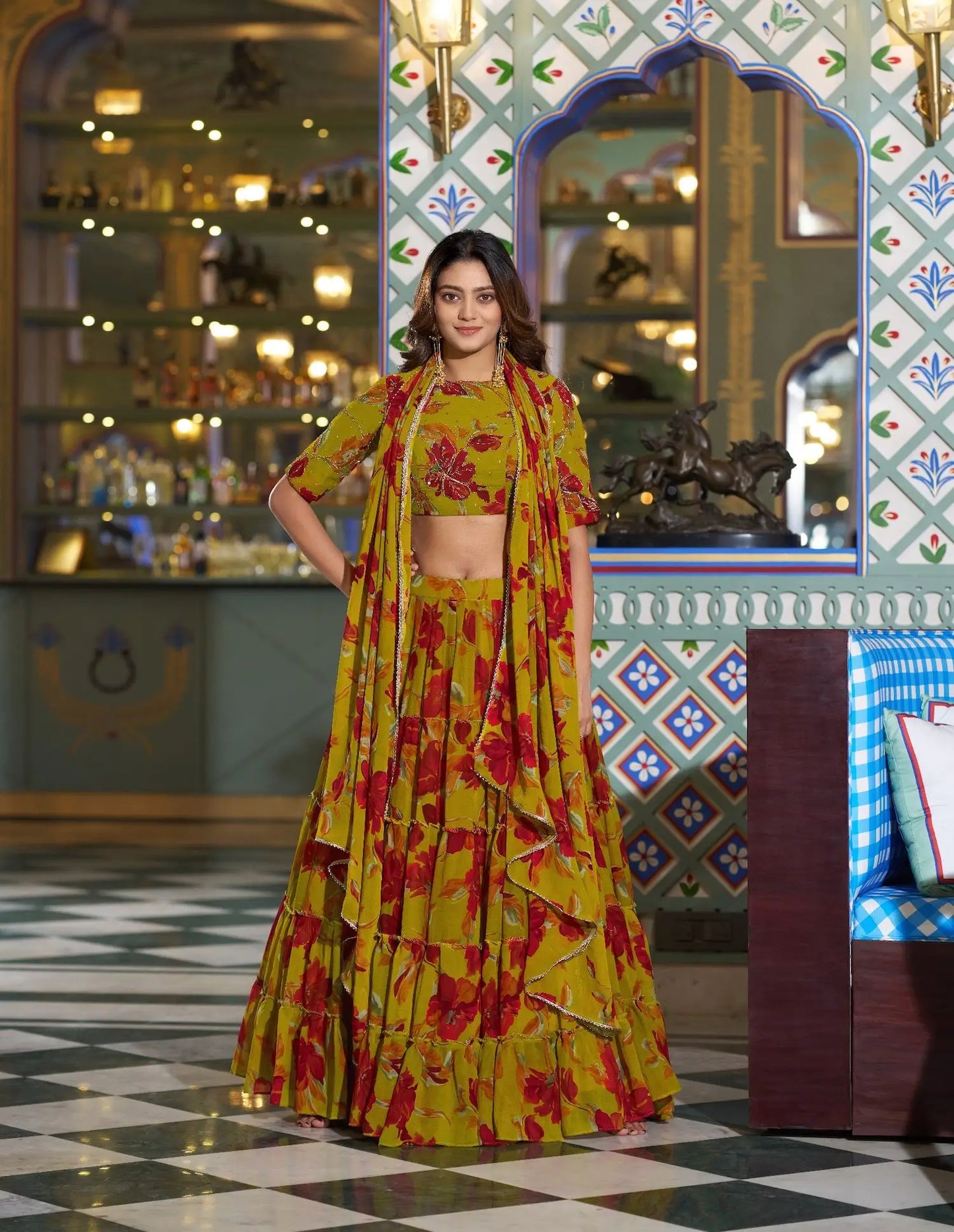 Olive Yellow Floral Printed Lehenga Choli