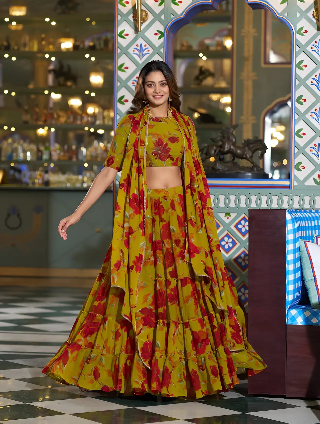 Olive Yellow Floral Printed Lehenga Choli