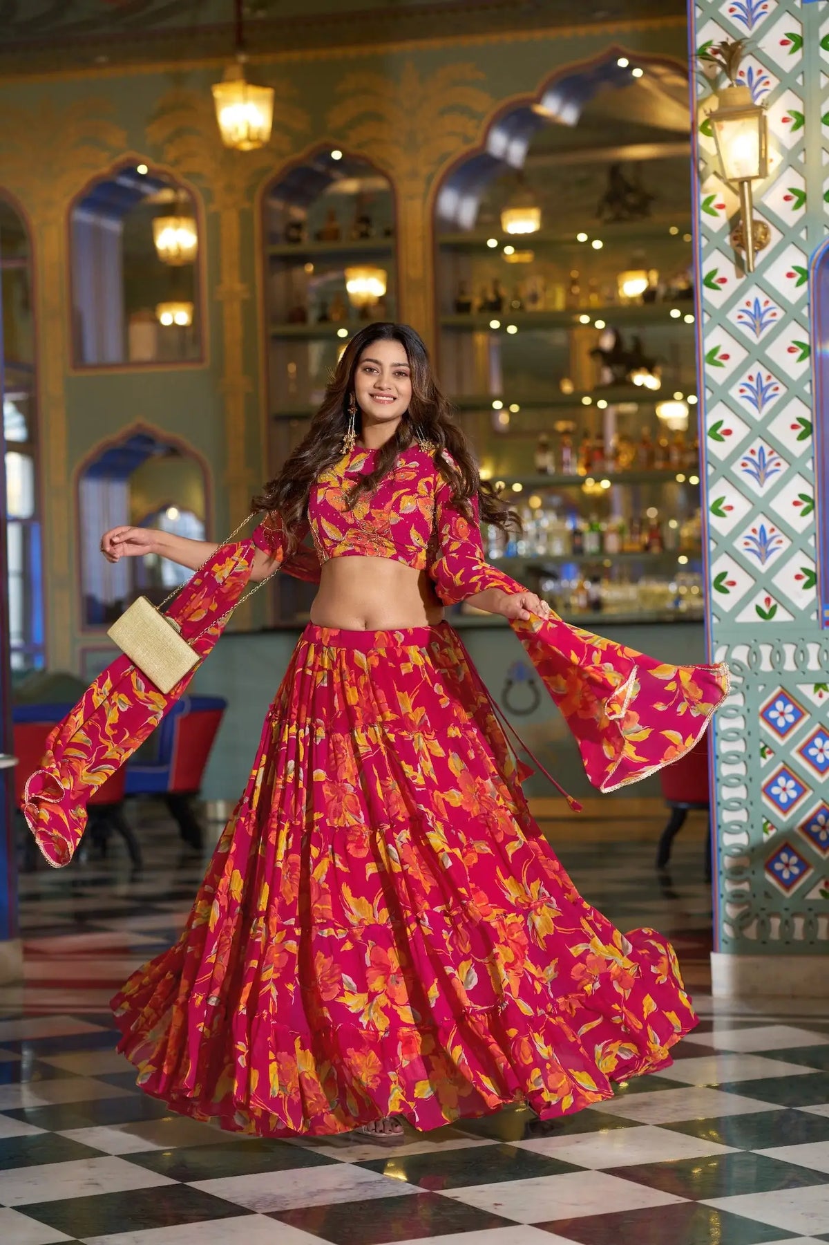 Hot Pink Floral Printed Lehenga Choli