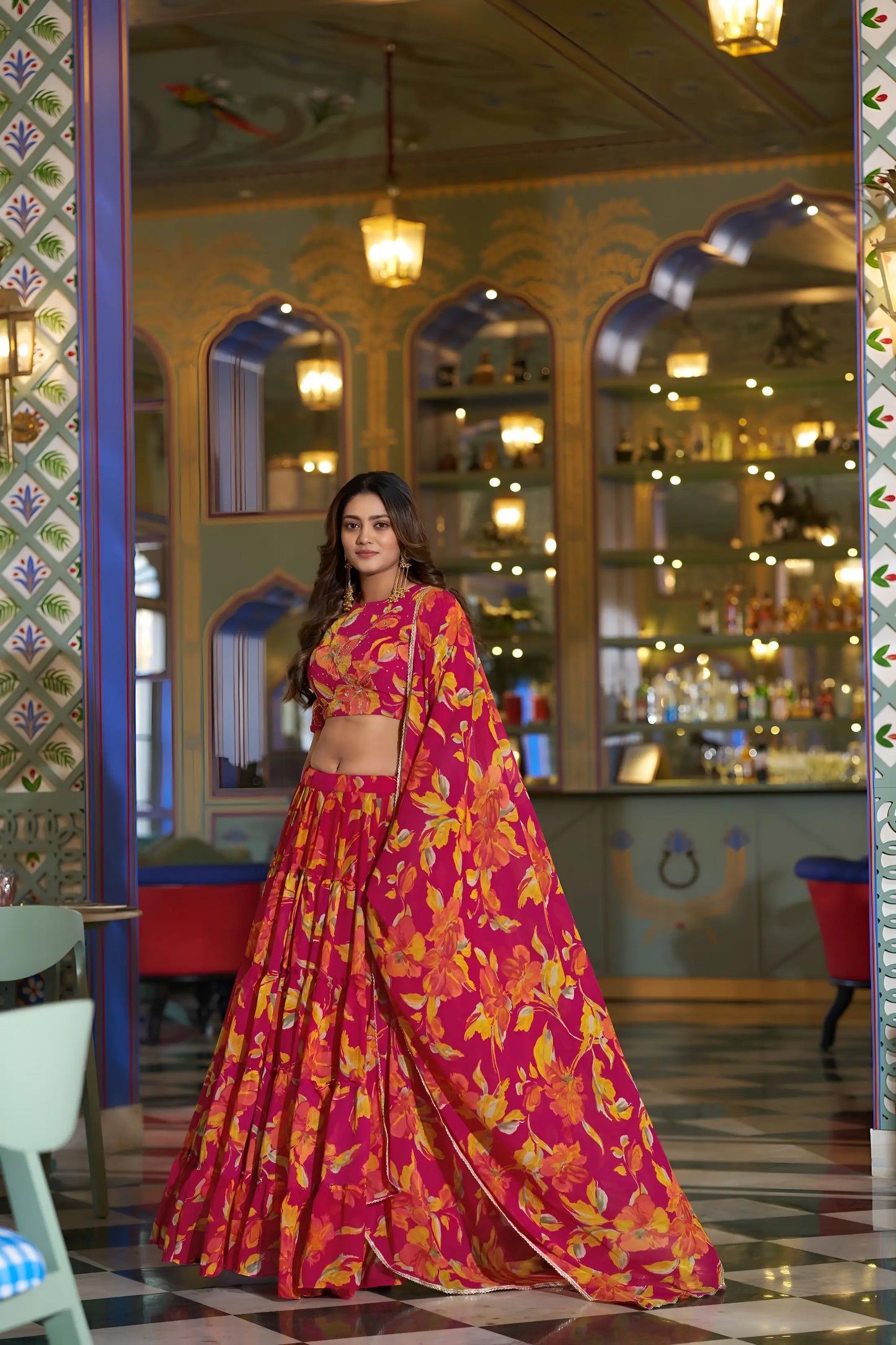Hot Pink Floral Printed Lehenga Choli
