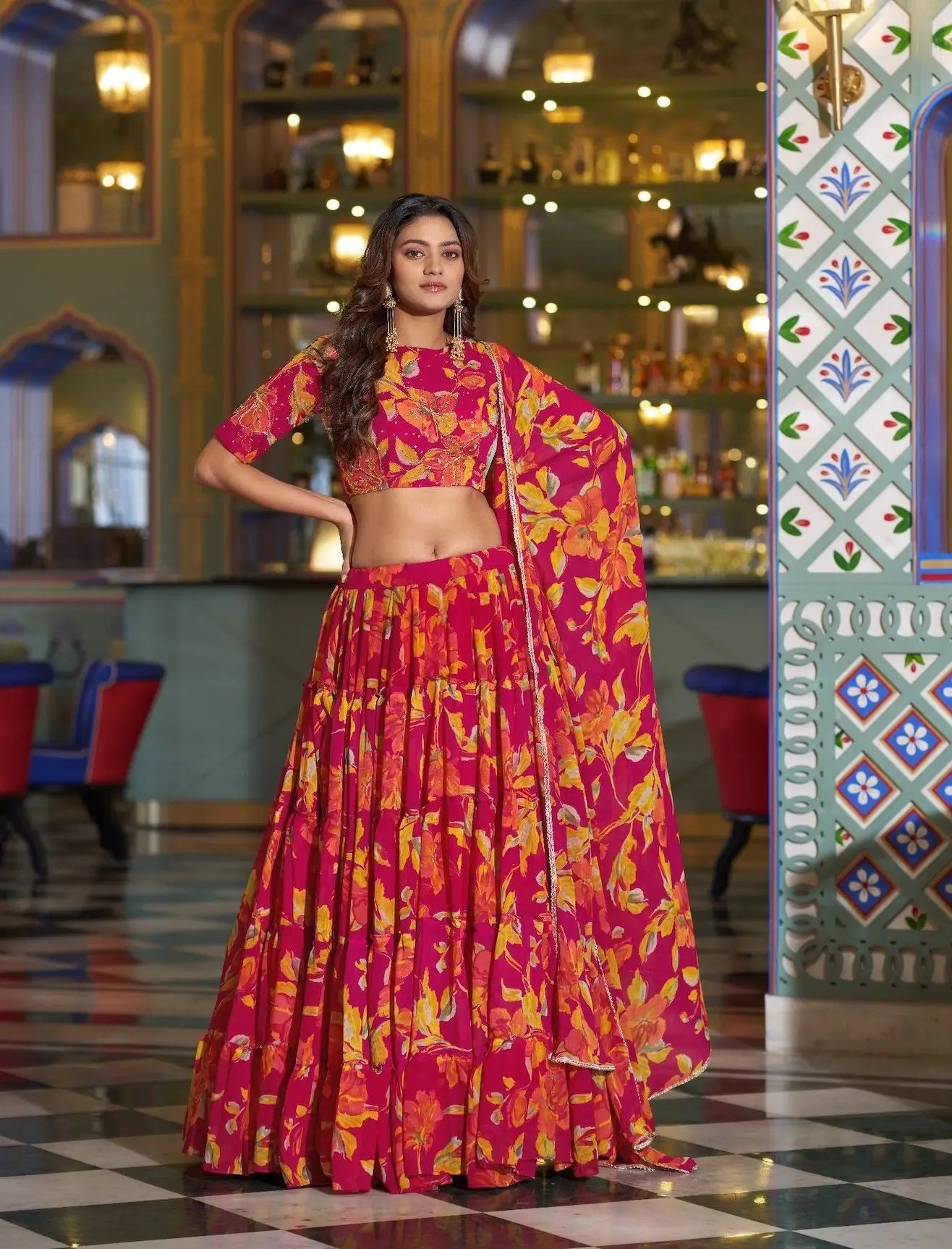Hot Pink Floral Printed Lehenga Choli