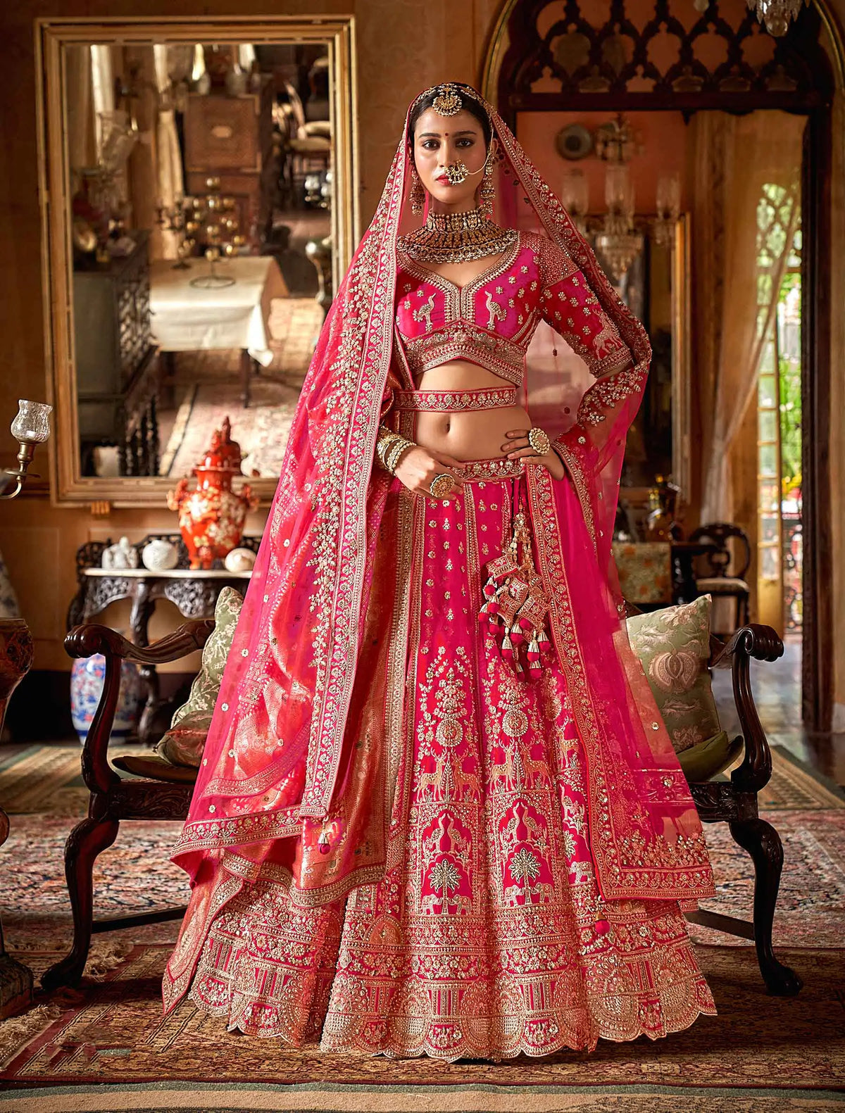 Pink Heavy Embroidery & Pearl Work Bridal Lehenga With 2 Dupatta