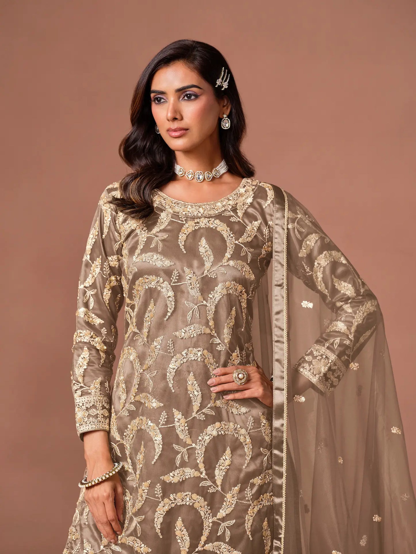 Mocha Brown Embroidered Salwar Suit
