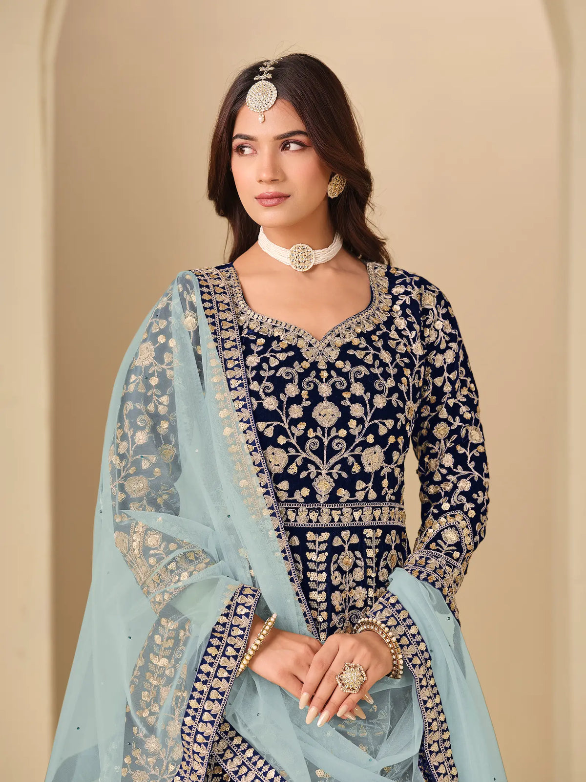 Navy Blue Velvet Heavy Embroidered Gown