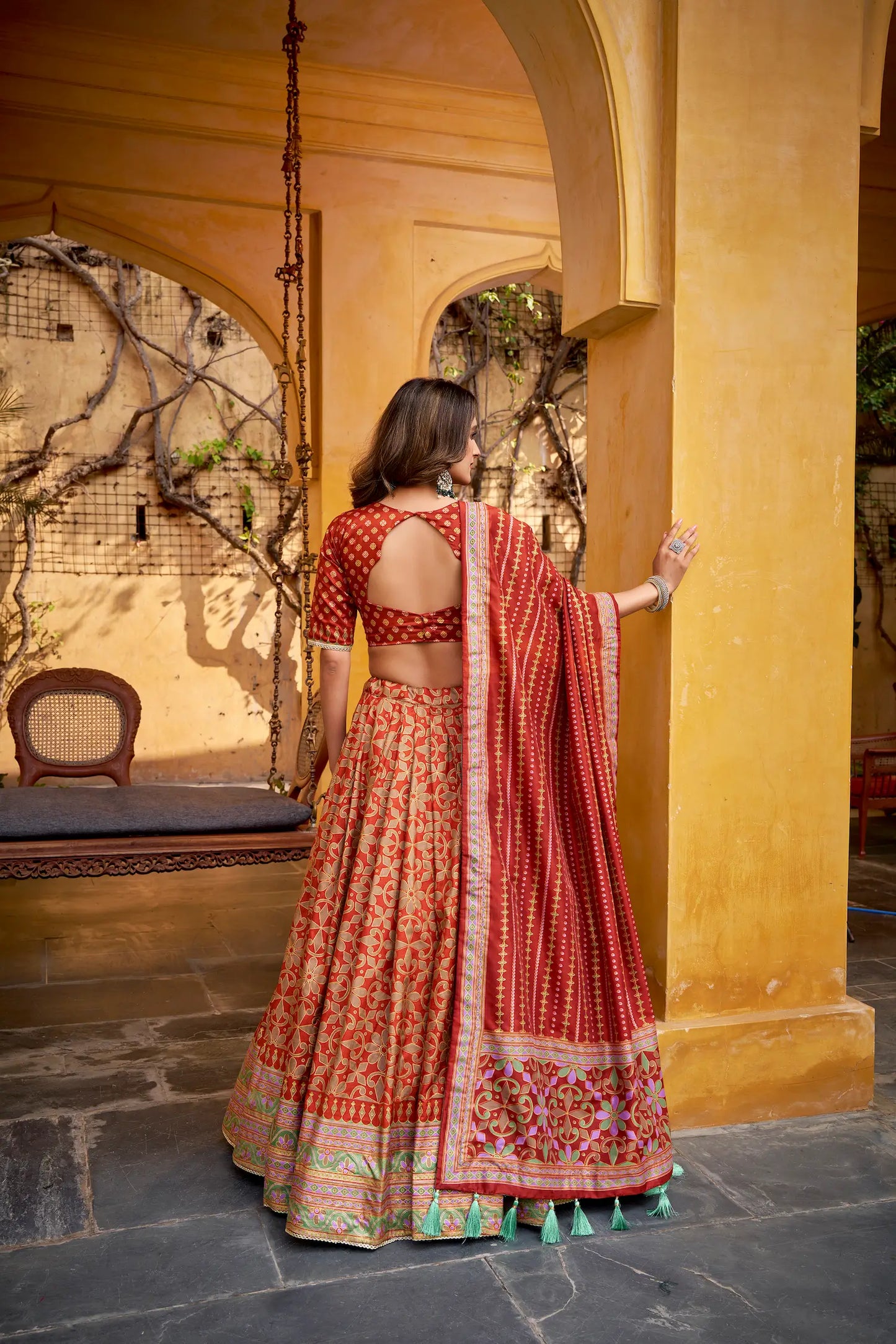 Rust Orange Tasar Silk Lehenga Choli With Saprkle Details