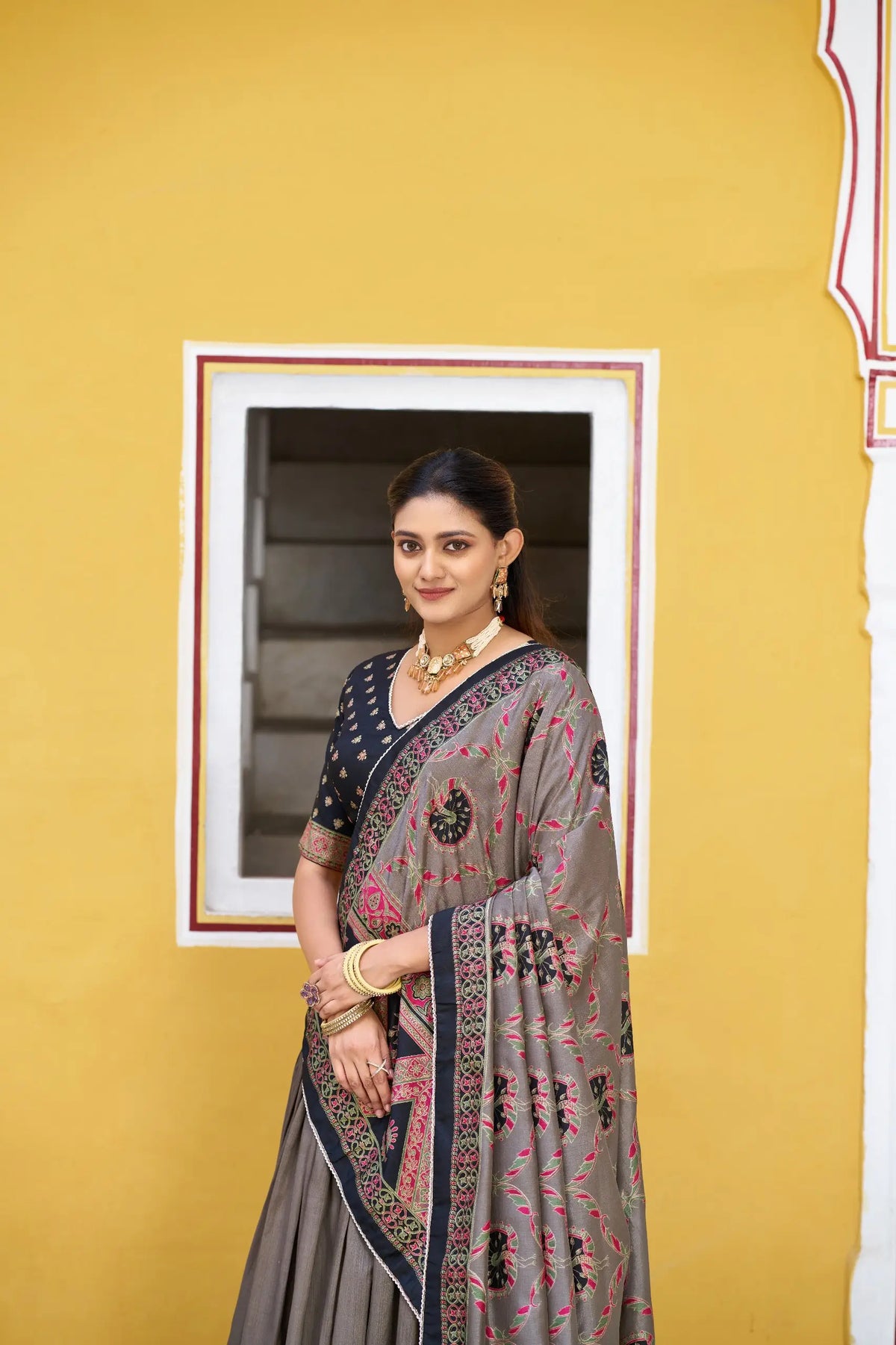 Black Tasar Silk Printed Lehenga Choli